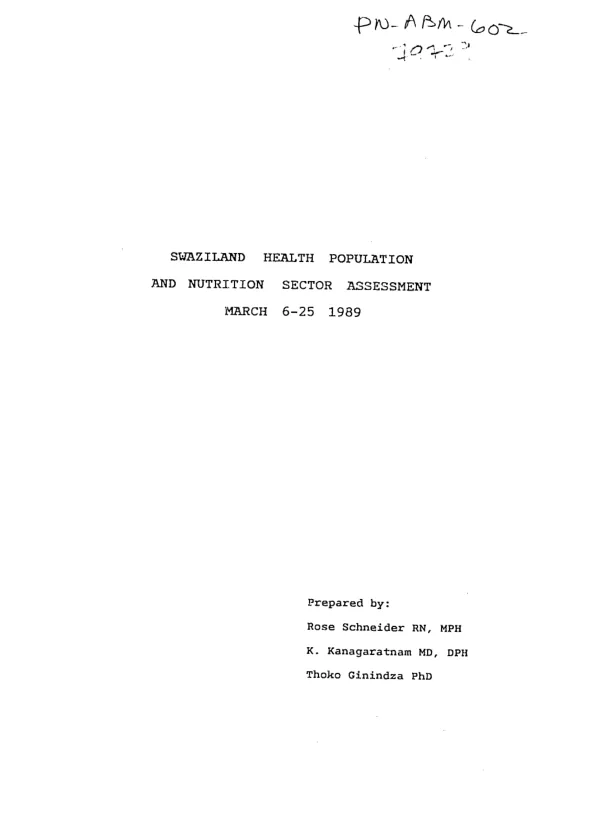 Swaziland health population and nutrition sector assessment, March 6-25, 1989