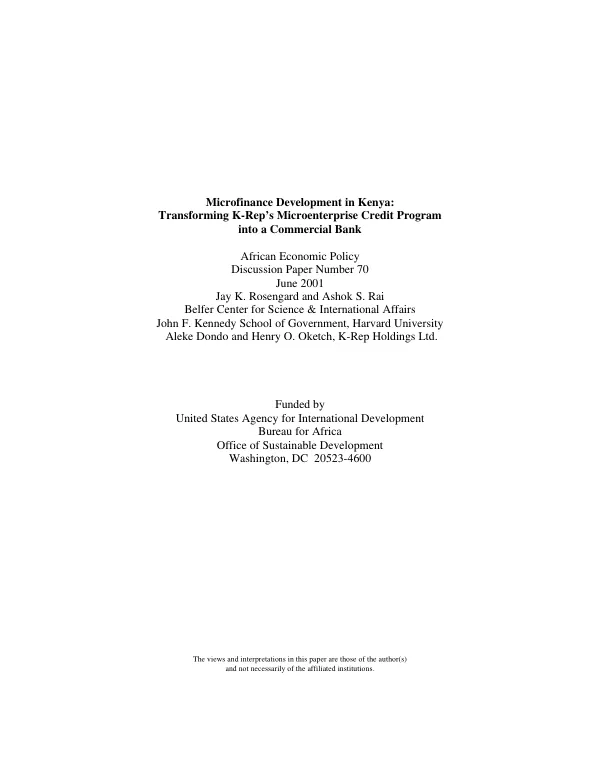 Microfinance development in Kenya : transforming K-Rep"s microenterprise credit program into a commercial bank