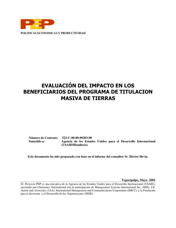 Evaluacion del impacto en los beneficiarios del programa de titulacion masiva de tierras