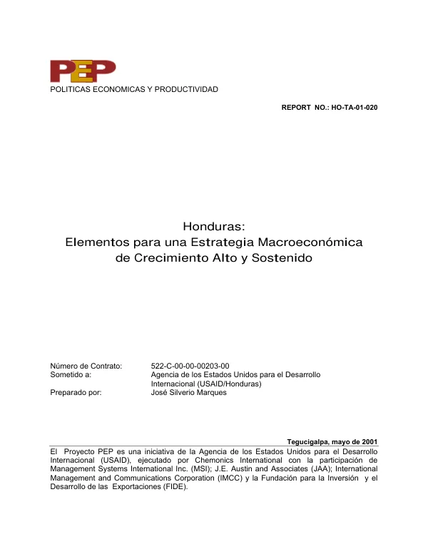 Honduras : elementos para una estrategia macroeconomica de crecimiento alto y sostenido