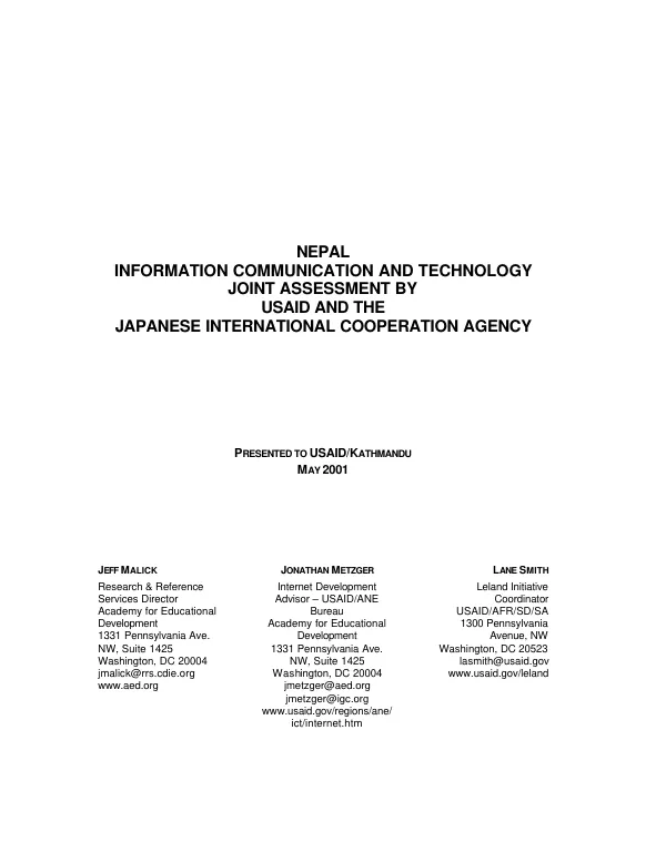 Nepal information communication and technology joint assessment by USAID and the Japanese [i.e. Japan] International Cooperation Agency