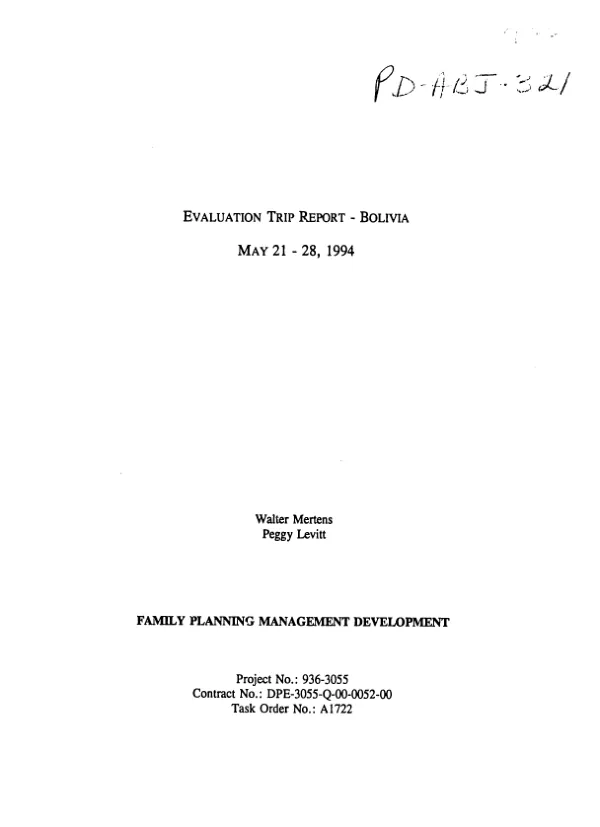 Evaluation trip report - Bolivia, May 31-28, 1994, family planning management development
