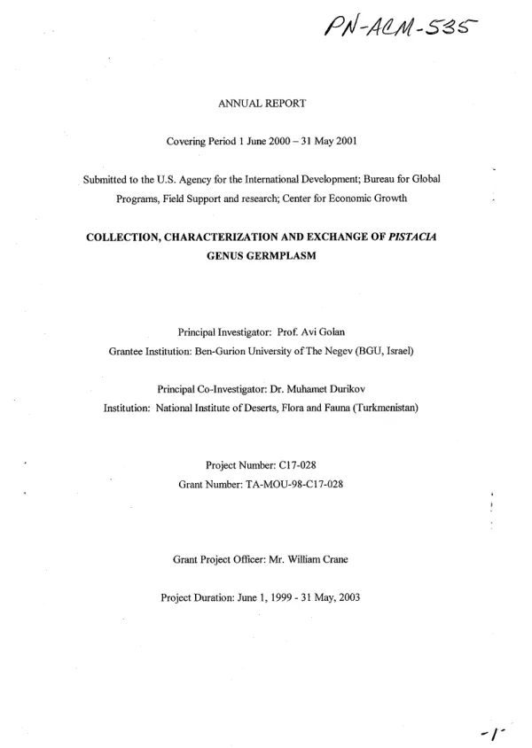 Annual report covering period 1 June 2000-31 May 2001 : collection, characterization and exchange of Pistacia genus germplasm