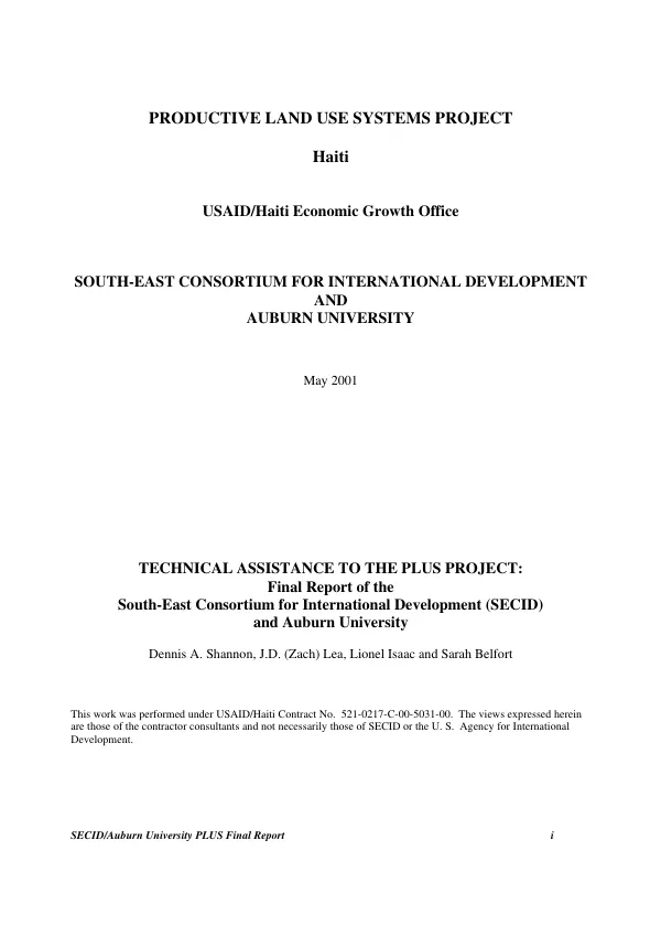 Productive land use systems project [PLUS] : Haiti -- technical assistance to the PLUS project : final report of the South-East Consortium for International Development (SECID) and Auburn University