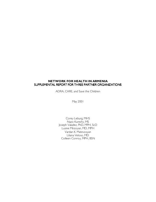 Network for health in Armenia : supplemental report for three partner organizations -- ADRA, CARE, and Save the Children