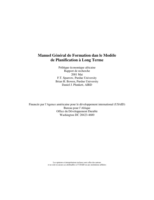 Manuel general de formation dans le modele de planification a long terme : politique economique Africaine -- rapport de recherche