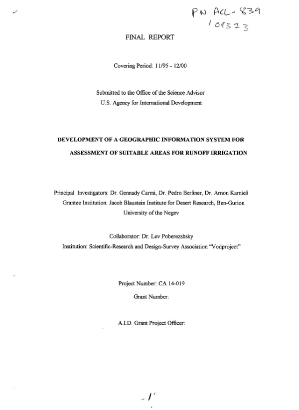 Final report covering period 11/95-12/00 : development of a geographic information system for assessmentof suitable areas for runoff irrigation