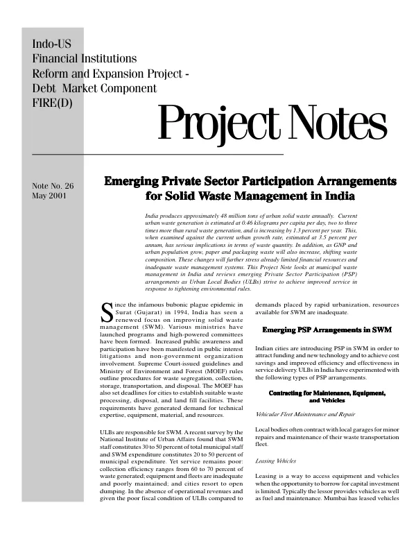 Emerging private sector participation arrangements for solid waste management in India