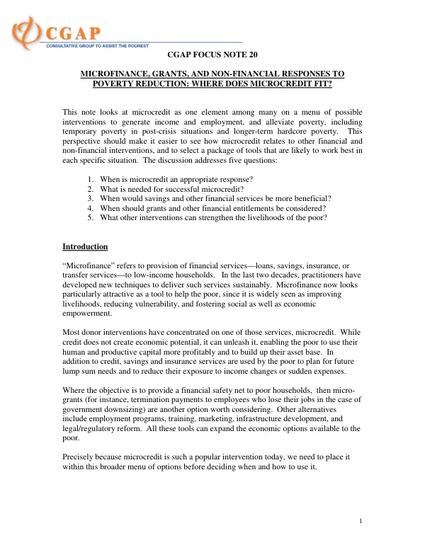 Microfinance, grants, and non-financial responses to poverty reduction : where does microcredit fit?