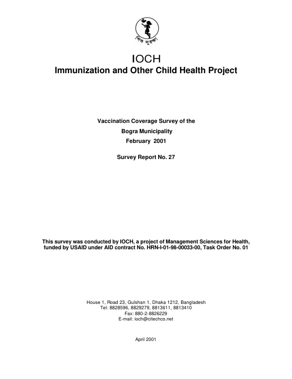 Vaccination coverage survey of the Bogra Municipality, February 2001