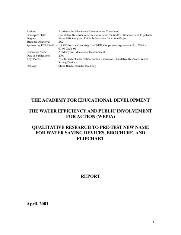 Qualitative research to pre-test new name for water saving devices, brochure, and flipchart