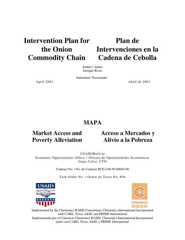 Intervention plan for the onion commodity chain = Plan de intervenciones en la cadena de cebolla