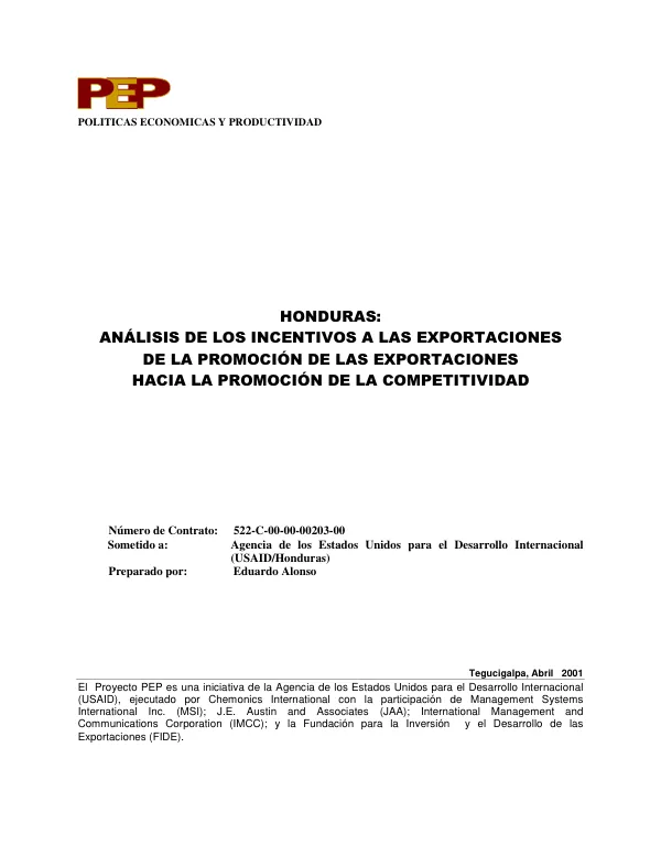 Honduras : analisis de los incentivos a las exportaciones de la promocion de las exportaciones hacia la promocion de la competitividad