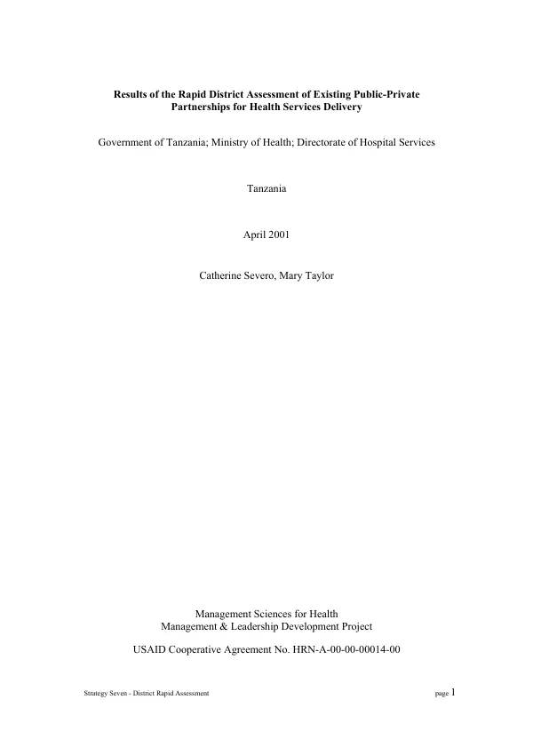 Results of the rapid district assessment of existing public-private partnerships for health services delivery : Tanzania
