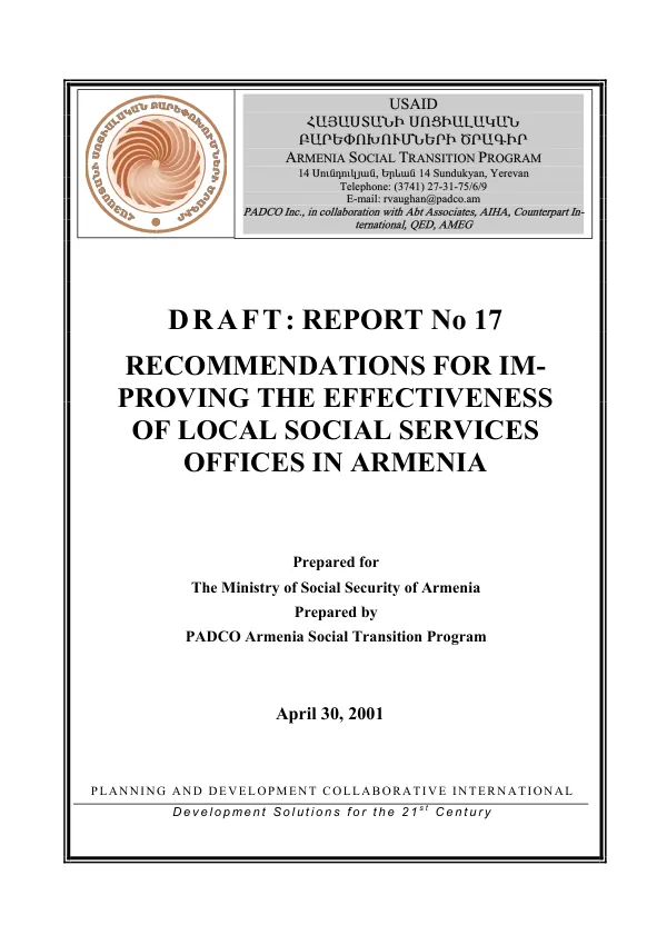 Recommendations for improving the effectiveness of local social services offices in Armenia : draft