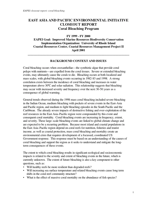 East Asia and Pacific environment initiative [EAPEI] closeout report : coral bleaching program, FY 1999-FY 2000