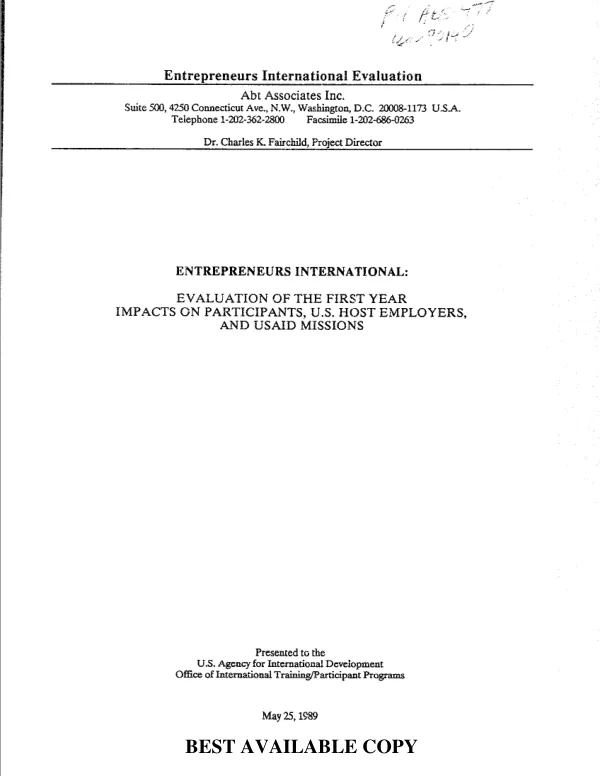 Entrepreneurs International : evaluation of the first year impacts on participants, US host employers, and USAID missions