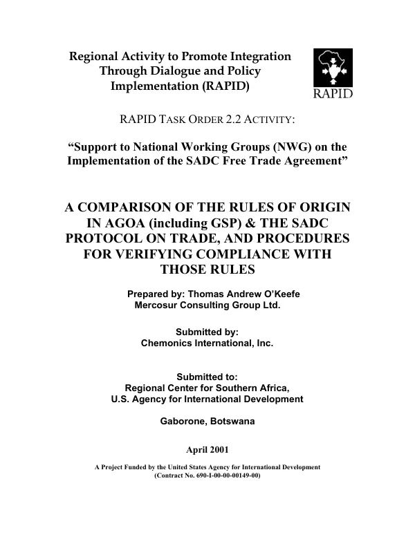 Comparison of the rules of origin in AGOA (including GSP) & the SADC protocol on trade, and procedures for verifying compliance with those rules