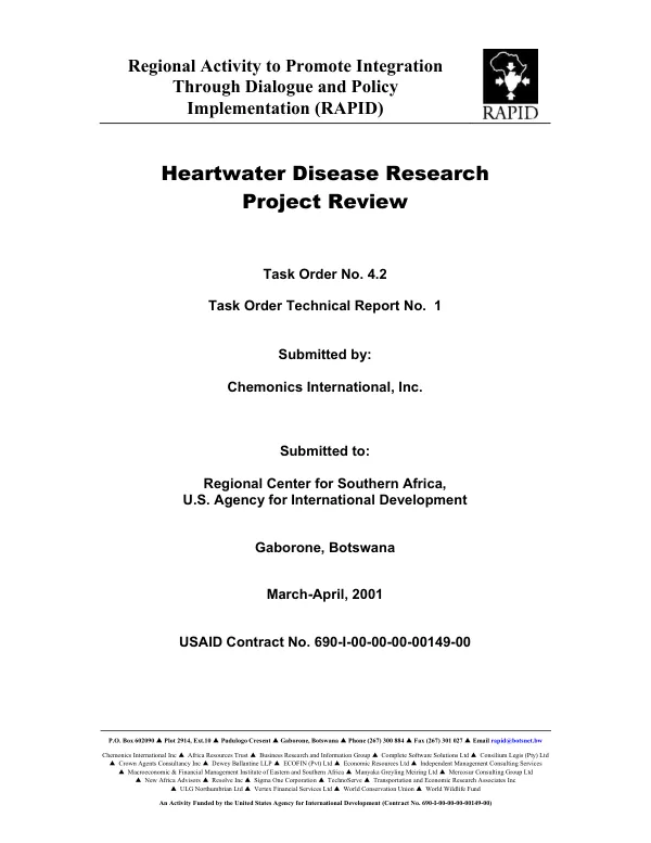 Heartwater disease research : project review