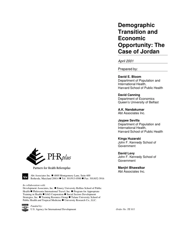 Demographic transition and economic opportunity : the case of Jordan