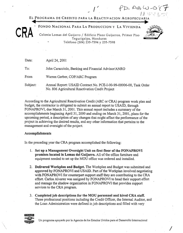 Annual report : USAID contract no. PCE-I-00-99-00006-00 -- task order 806 : agricultural reactivation credit project [programa de credito para la reactivacion agropecuaria (CRA)]