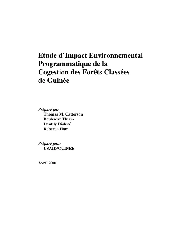 Etude d"impact environnemental programmatique de la cogestion des forets classees de Guinee