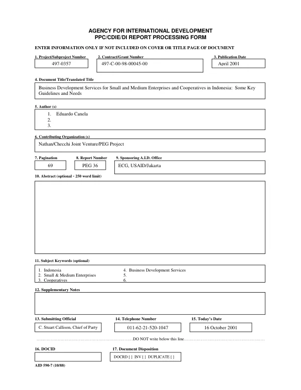 Business development services for small and medium enterprises and cooperatives in Indonesia : some key guidelines and needs