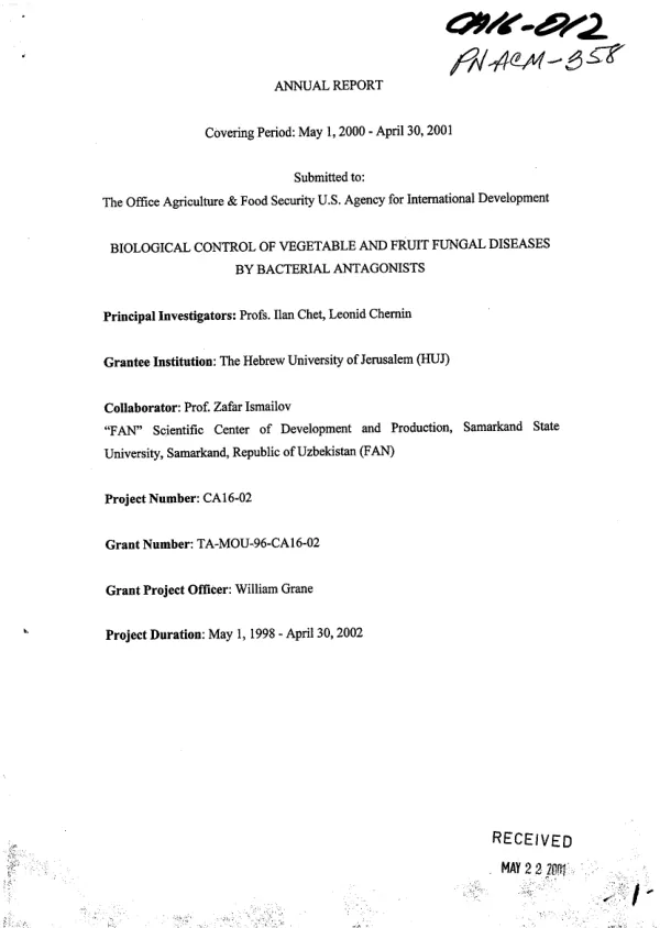 Annual report covering period May 1, 2000-April 30, 2001 : biological control of vegetable and fruit fungal diseases by bacterial antagonists
