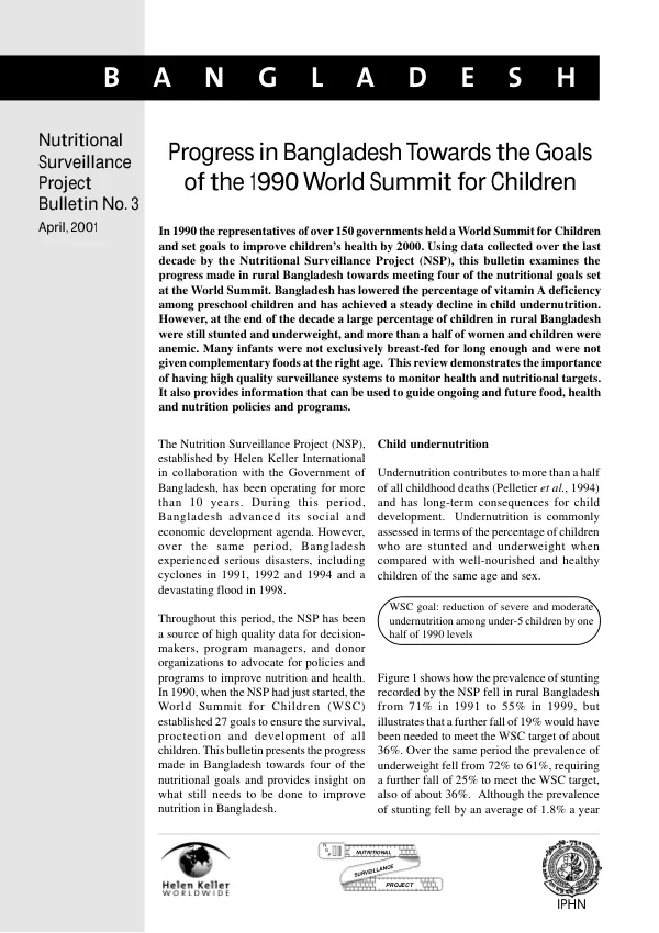 Progress in Bangladesh towards the goals of the 1990 World summit for children