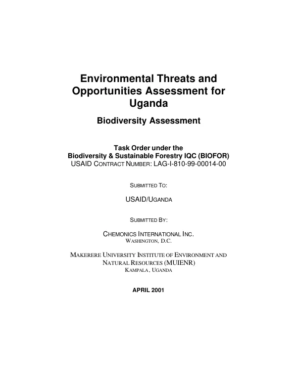 Environmental threats and opportunities assessment for Uganda : biodiversity assessment