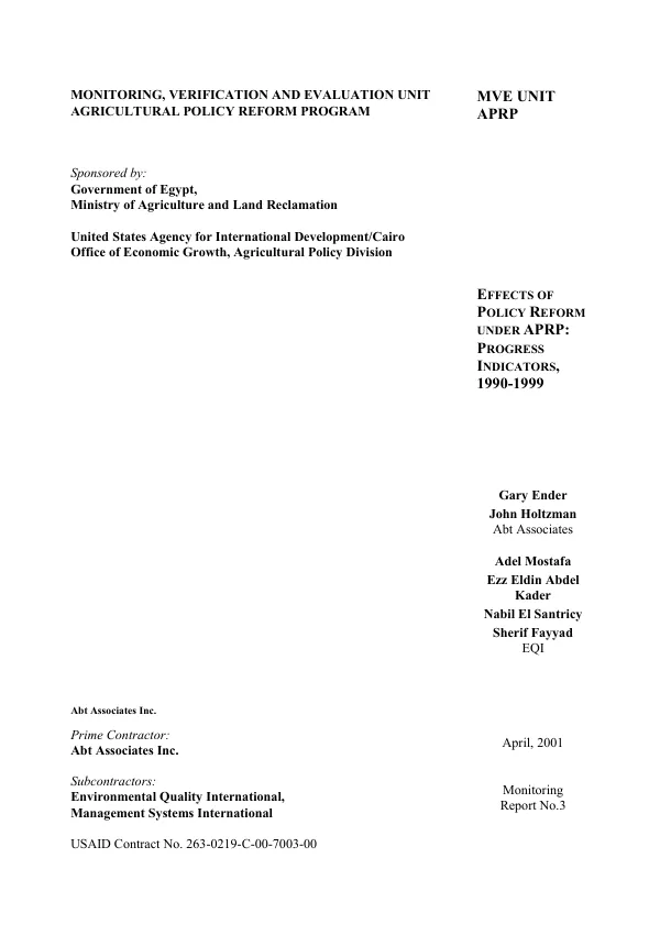 Effects of policy reform under APRP [agricultural policy reform program] : progress indicators, 1990-1999