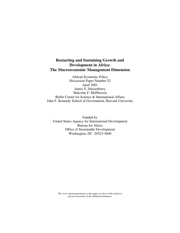 Restarting and sustaining growth and development in Africa : the macroeconomic management dimension