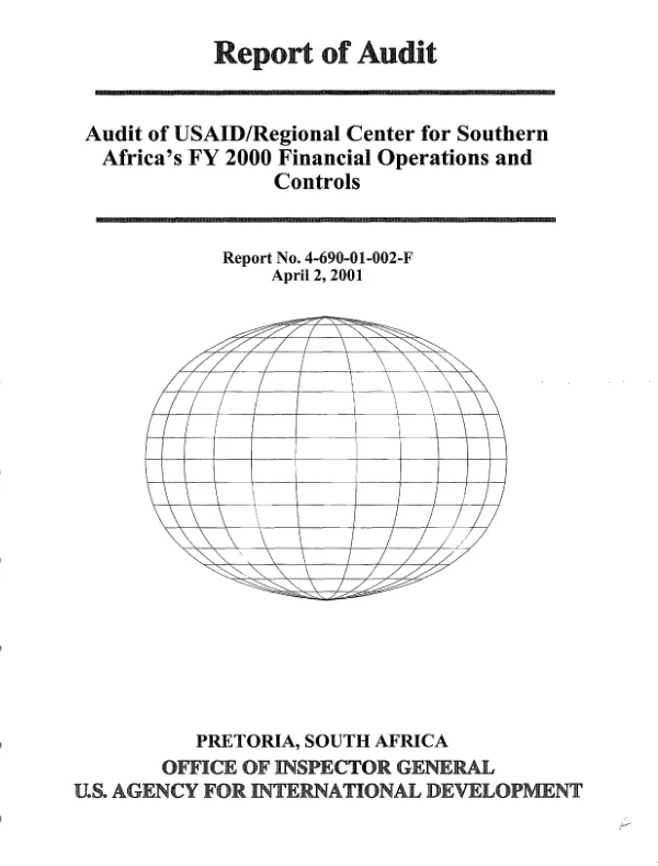 Audit of USAID/Regional Center for Southern Africa"s FY 2000 financial operations and controls