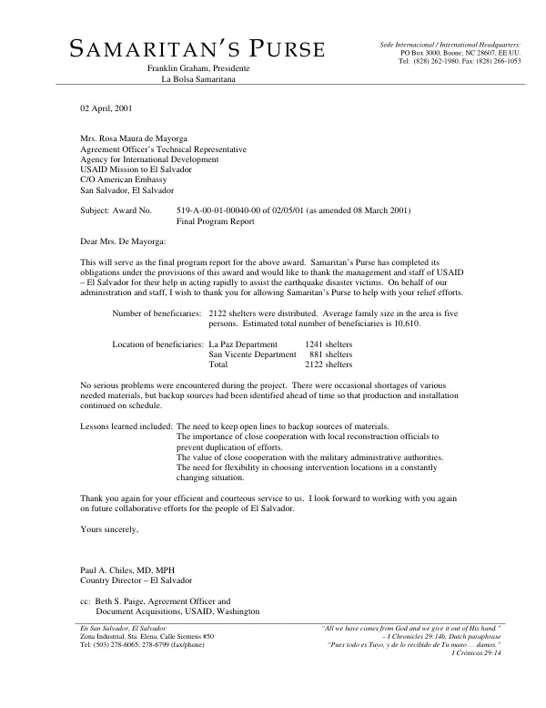 Samaritan"s Purse award no. 519-A-00-01-00040-00 of 02/05-01 (as amended 08 March 2001) : final program report