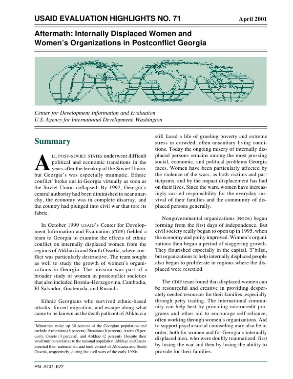 Aftermath : internally displaced women and women"s organizations in postconflict Georgia