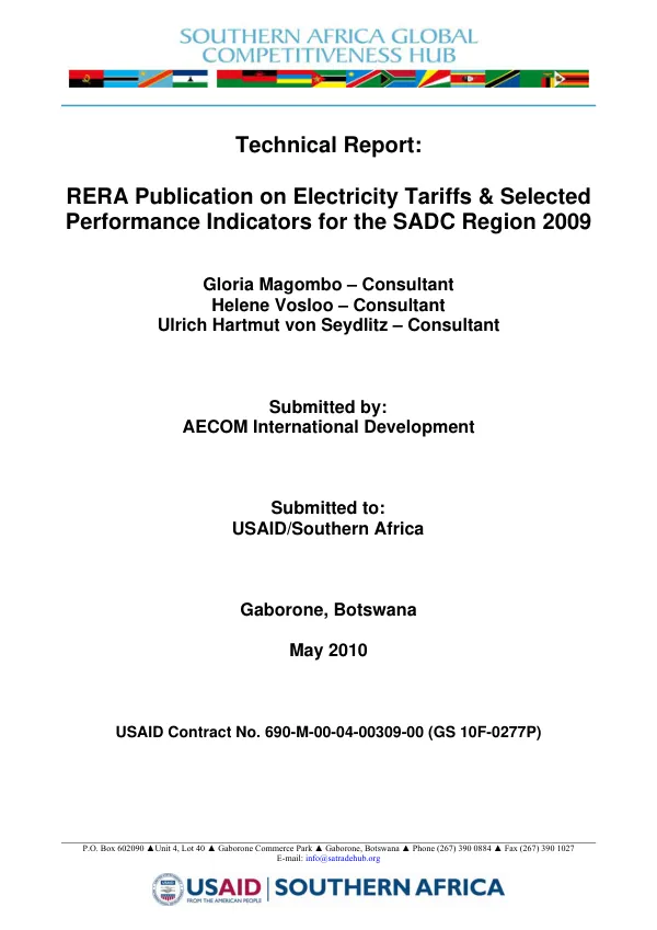 Technical report : RERA publication on electricity tariffs & selected performance indictors for the SADC region 2009