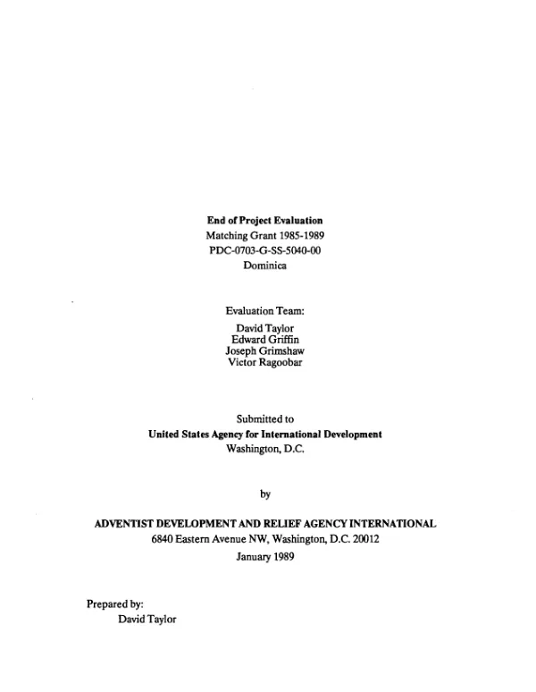 End of project evaluation : matching grant 1985-1989 -- PDC-0703-G-SS-5040-00 : Dominica