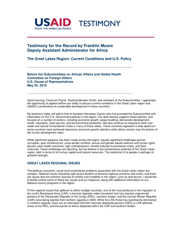 The Great Lakes Region : current conditions and U.S. policy