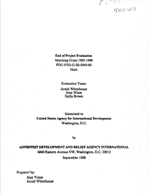 End of project evaluation : matching grant 1985-1988 -- PDC-0703-G-SS-5040-00 : Haiti