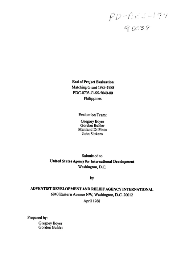 End of project evaluation : matching grant 1985-1988 -- PDC-0703-G-SS-5040-00 : Philippines