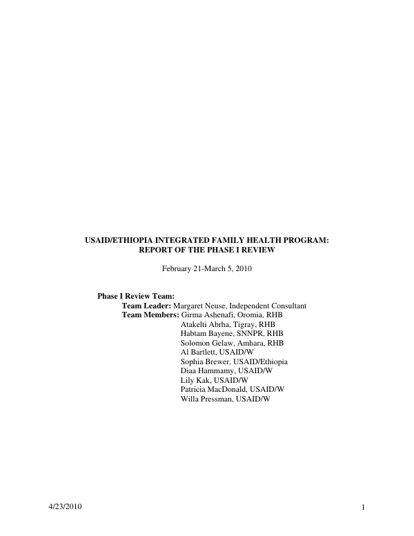 USAID/Ethiopia integrated family health program report on the phase I review, February 21-March 5, 2010