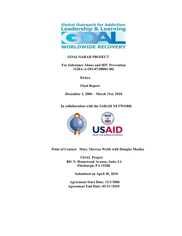Goal/SARAH project for substance abuse and HIV prevention : Kenya final report, December 1, 2006-March 31st, 2010