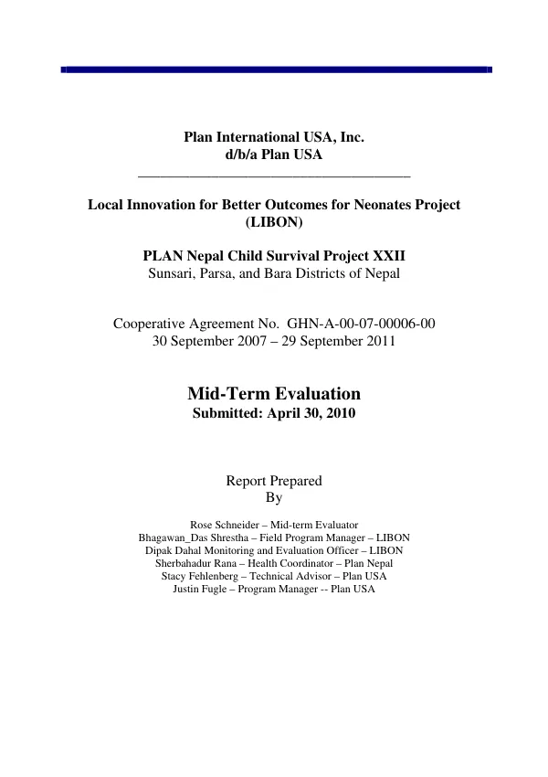 Local innovation for better outcomes for neonates project (LIBON) : PLAN Nepal child survival project XXII, Sunsari, Parsa, and Bara Districts of Nepal : mid-term evaluation