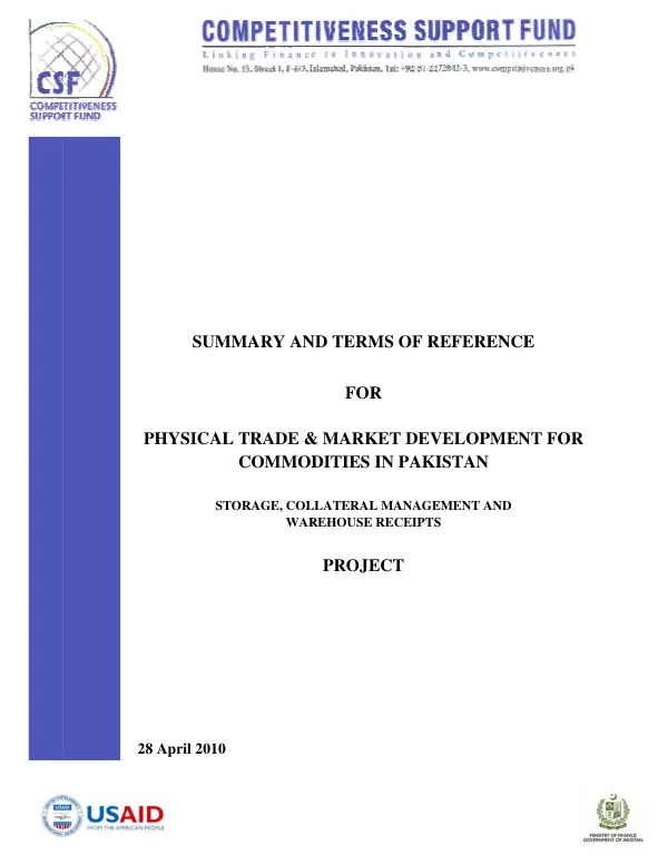 Summary and terms of reference for physical trade & market development for commodities in Pakistan