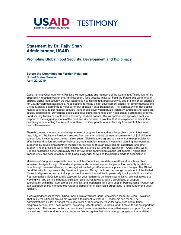 Promoting global food security : development and diplomacy