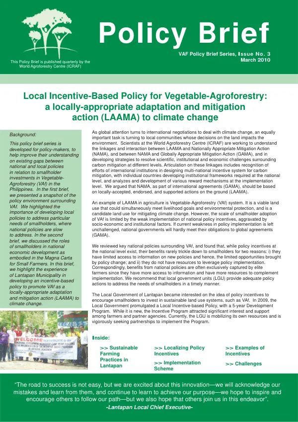 Local incentive based policy for vegetable-agroforestry a locally-appropriate adaptation and mitigation action (LAAMA) to climate change