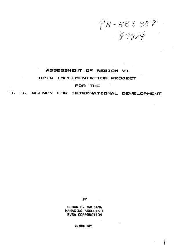 Assessment of region VI RPTA implementation project for the US Agency for International Development