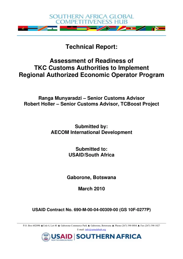 Technical report : assessment of readiness of TKC customs authorities to implemetn regional authorized economic operator program