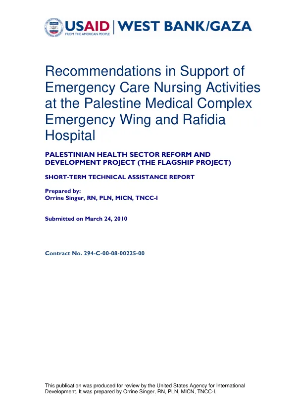 Recommendations in support of emergency care nursing activities at the Palestine Medical Complex emergency wing and Rafidia Hospital