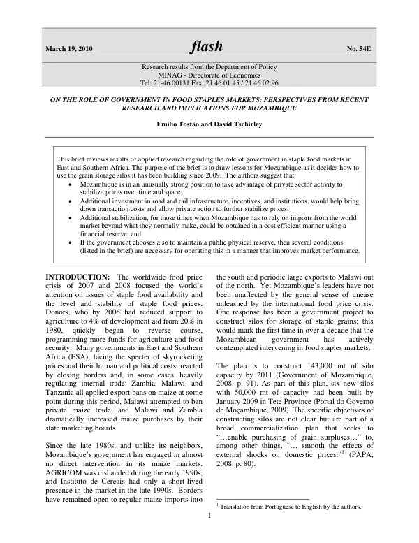 On the role of government in food staples markets : perspectives from recent research and implications for Mozambique